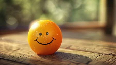 Easter egg with smiley face on wooden table with bokeh backgroundの素材