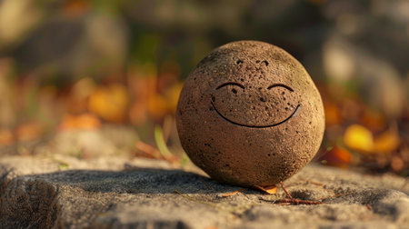 Smiling stone ball with smiley face on the ground in autumn parkの素材
