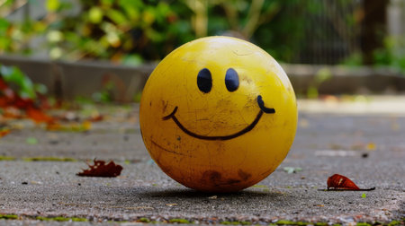 smiling face on the ground in the garden with leaves and treesの素材