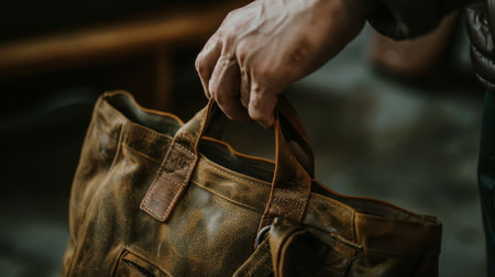 Closeup of man's hands holding a brown leather bag in a workshopの素材