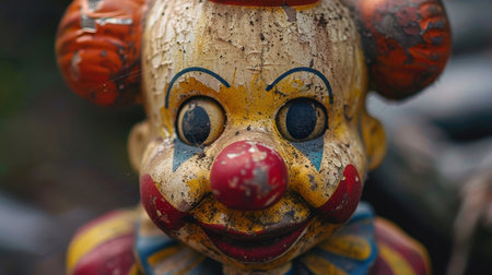 Close-up of a clown doll made of wood and plastic.の素材