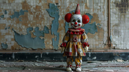 Scary clown doll on the background of an abandoned building. Halloween concept.の素材