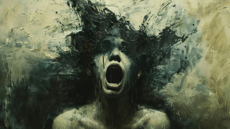 Screaming woman in oil painting style. Portrait of a girl with flowing hair.の素材