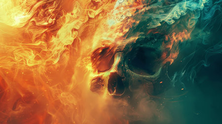 Skull in the fire. Fire and smoke. 3d illustrationの素材