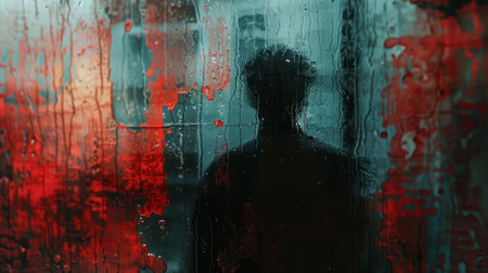 Halloween theme: silhouette of a man standing behind a wet glass with blood on itの素材
