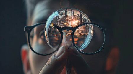 Man with glasses and reflection of the city in a glass ball.の素材