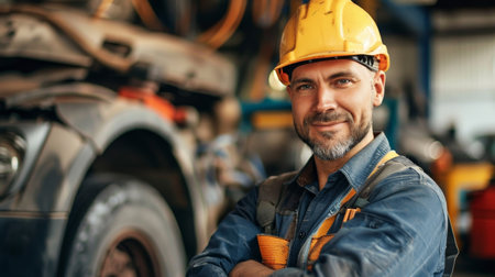 Portrait of confident male mechanic with yellow helmet standing with crossed arms in auto repair shopの素材