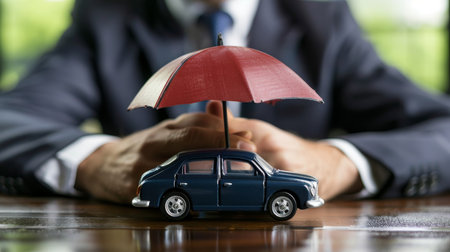Insurance agent protecting a small car with an umbrella. Insurance conceptの素材