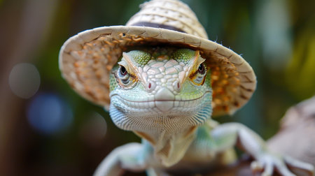 Close up of a chameleon in a hat on a treeの素材