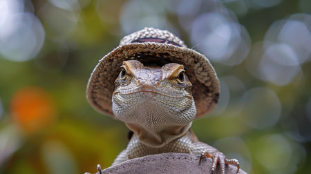 Portrait of a lizard in a hat on the nature background.の素材