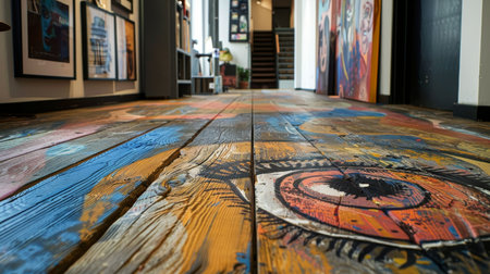 Interior of a museum with a painting on a wooden floor.の素材