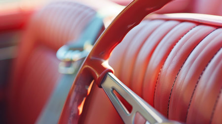 Detail of the interior of a vintage car with a steering wheelの素材