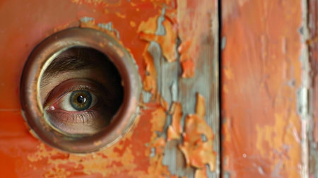 Close up of human eye looking through a hole in an old doorの素材