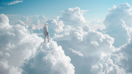 Businessman standing on top of cloud and looking ahead. Mixed mediaの素材