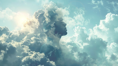 Double exposure of woman face and clouds in the sky with sunlight.の素材