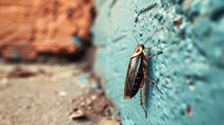 Cockroach on the blue wall. Close-up photo.の素材