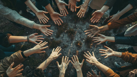 Group of people hands together in circle. Teamwork and friendship concept.の素材