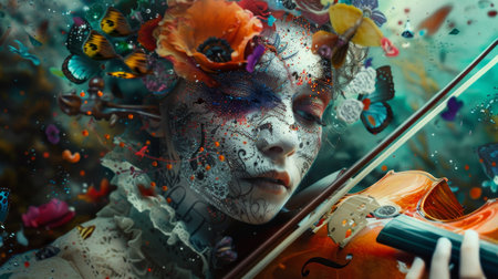 Close-up portrait of a beautiful woman with creative make-up playing the violinの素材