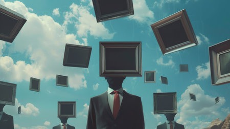 Businessman with monitor instead of head against cloudy skyの素材