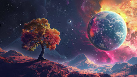 Fantasy landscape with a tree and planetの素材