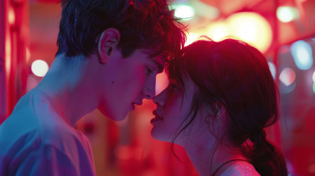 Portrait of a young couple in love kissing in a nightclub.の素材