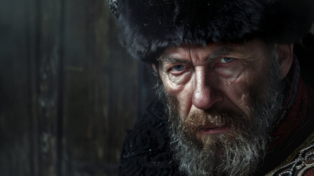 Portrait of a medieval man with a long beard and mustache wearing a fur hatの素材