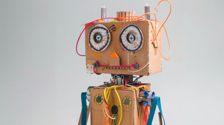 robot made of plastic with wires and cables on a white backgroundの素材