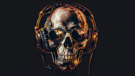 Skull with headphones on a dark backgroundの素材