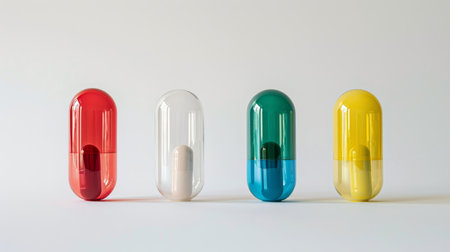 Colorful pills isolated on white background. Focus on foreground, shallow DOF.の素材
