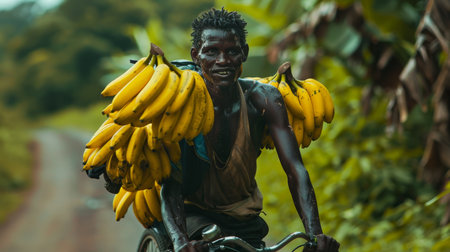 Portrait of a young African man with a bunch of bananasの素材