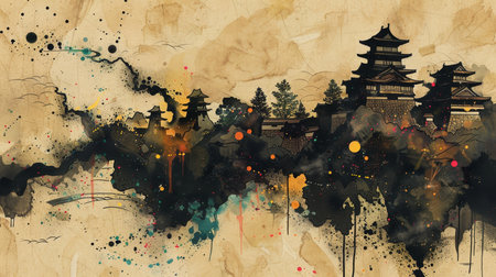 Chinese ancient city with watercolor splashes and ink blots.の素材