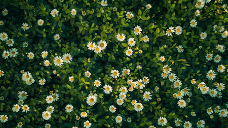 Top view of white daisy flowers on the green grass background.の素材