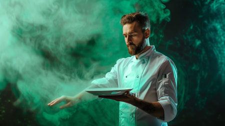 Young bearded chef in a white shirt with a plate in his hands on a green backgroundの素材