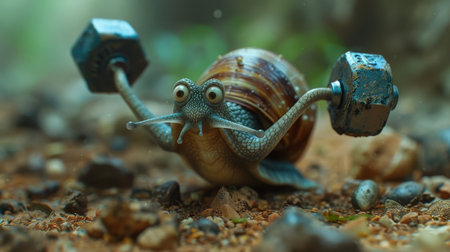 Snail with dumbbells on the ground in the forest.の素材