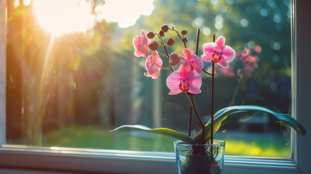Beautiful pink orchids on the windowsill in the sunlightの素材