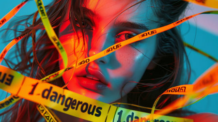 Beautiful girl with red hair and yellow warning tapes on blue backgroundの素材