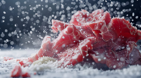 Raw beef meat with flour on dark background. Selective focus.の素材