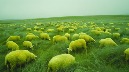 Sheep grazing in a green meadow on a foggy dayの素材