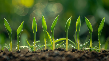 Close up of young green seedling growing in soil on blurred backgroundの素材