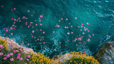 Colorful flowers blooming in the sea. Colorful flowers on the beach.の素材