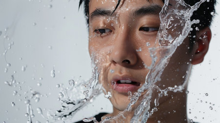 close up portrait of young Asian man with water splash on faceの素材