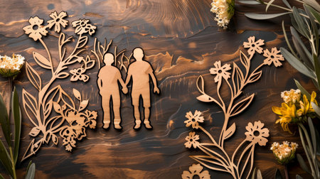 Paper cut of a family with flowers on a wooden background. View from above.の素材