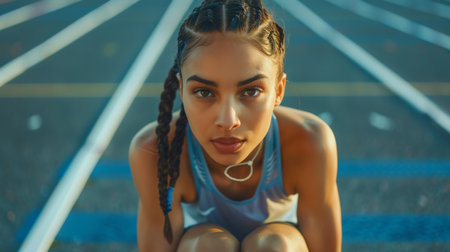 Close-up portrait of a beautiful young woman with braids sitting on the track.の素材