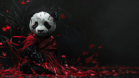 Panda doll on a black background with red confetti. Halloween conceptの素材