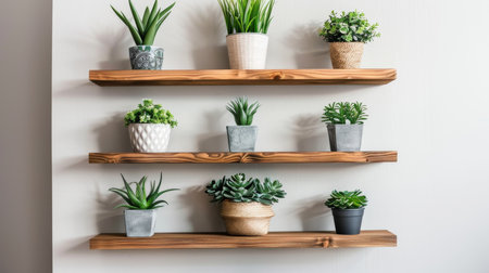 Wooden shelves with succulents in pots on white wall backgroundの素材