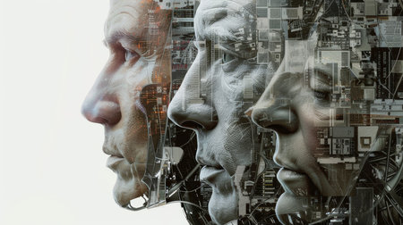 Double exposure of man and woman face and technology backgroundの素材