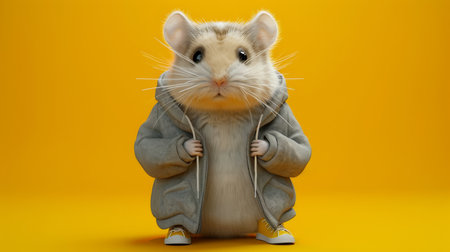 Funny hamster in gray coat on yellow backgroundの素材