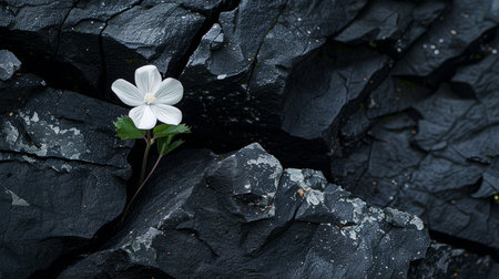 White flower on black rock background with copy space for your text.の素材