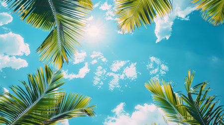 Coconut palm leaves on blue sky with white clouds background.の素材