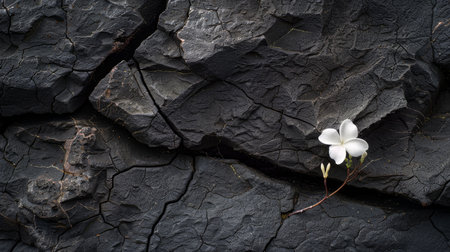 White flower on the black lava rock background. Natural pattern texture.の素材
